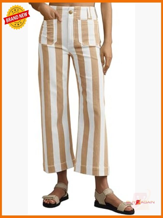 Denim - High Waisted Cropped Striped Jeans Stretchy Denim Pockets Straight Leg